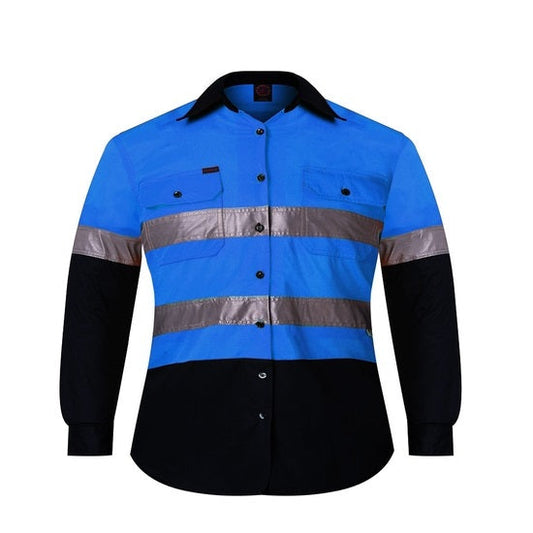 Ritemate RM4050R Kids Two Tone Open Front Shirt with Tape workwear shirt - blue and navy kids work shirt