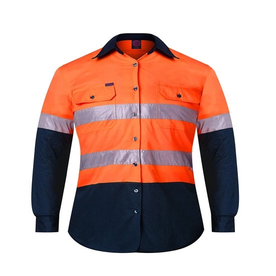 Ritemate RM4050R Kids 2-Tone Open Front Shirt with Tape - Orange/Navy - Front View