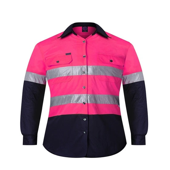 Ritemate RM4050R Kids 2-Tone Open Front Shirt with Tape - Pink/Navy - Front View