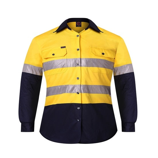 Ritemate RM4050R Kids 2-Tone Open Front Shirt with Tape - Yellow/Navy - Front View