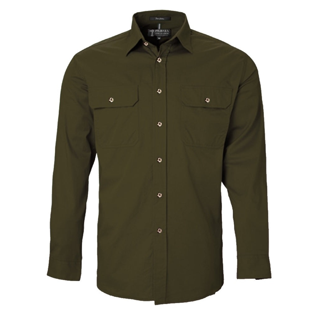Pilbara RM500BT Mens Open Front Long Sleeve Lightweight Shirt - Olive - Front View
