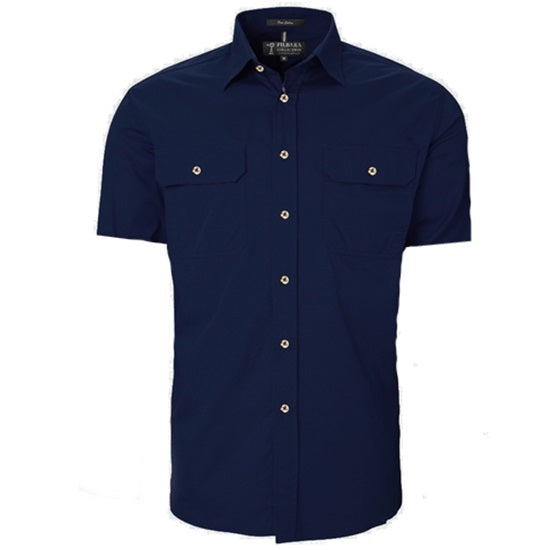 Pilbara RM500BTS Mens Open Front Short Sleeve Lightweight Shirt - French Navy - Front View