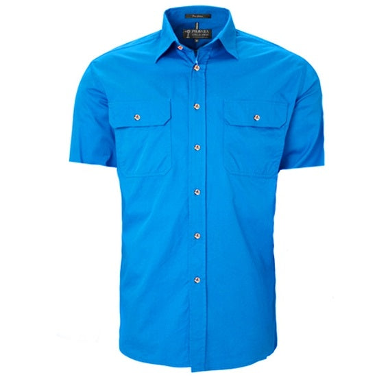 Pilbara RM500BTS Mens Open Front Short Sleeve Lightweight Shirt - Light Blue - Front View