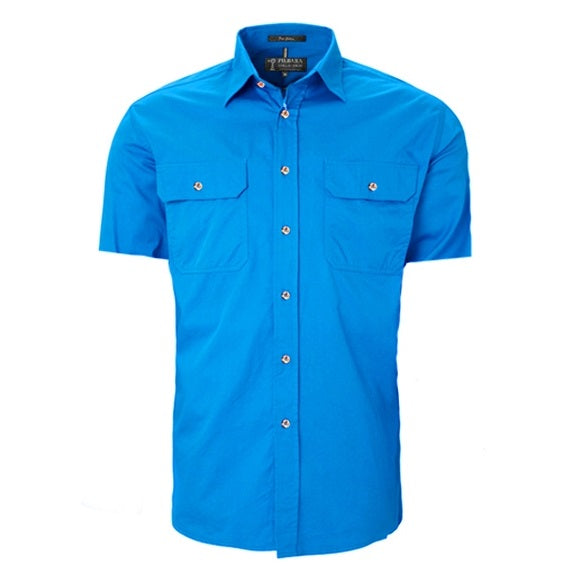 Pilbara RM500BTS Mens Open Front Short Sleeve Lightweight Shirt - Light Blue - Front View