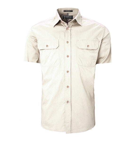 Pilbara RM500BTS Mens Open Front Short Sleeve Lightweight Shirt - Stone - Front View