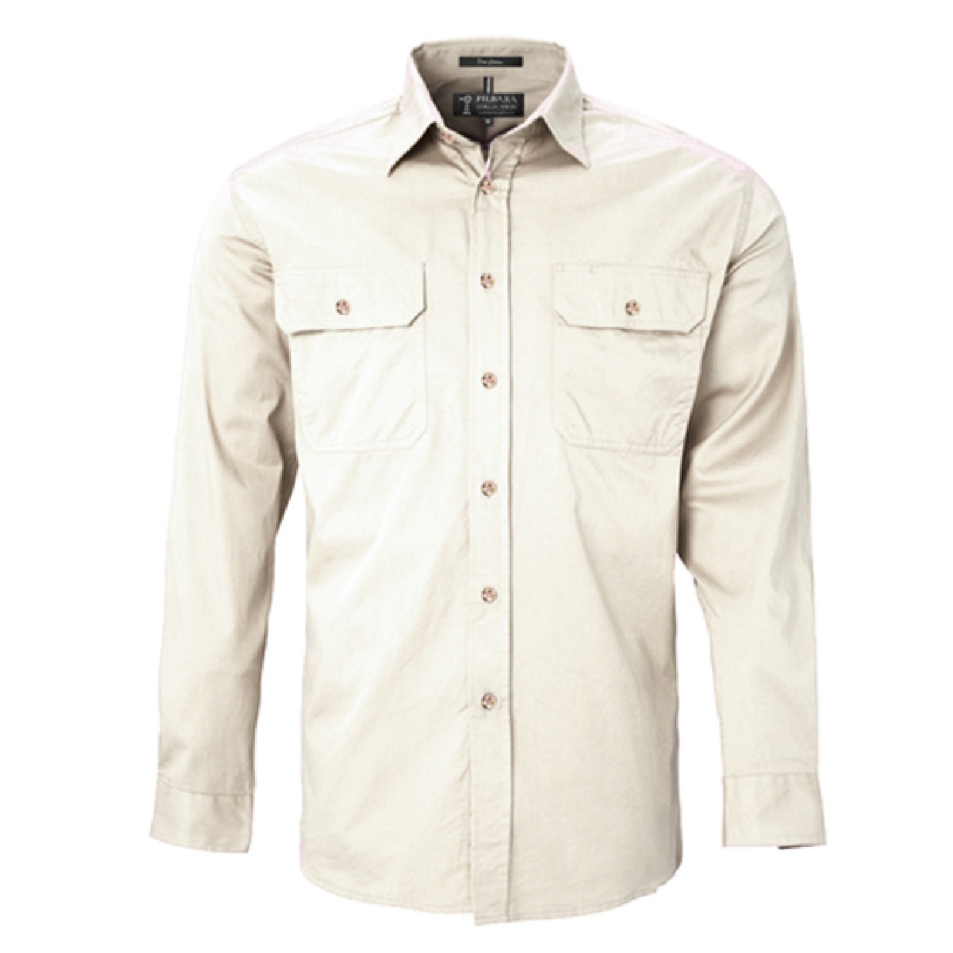 Pilbara RM500BT Mens Open Front Long Sleeve Lightweight Shirt - Stone - Front View