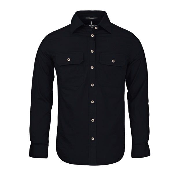 Pilbara RM600BT Womens Open Front Long Sleeve Shirt - Black - Front View