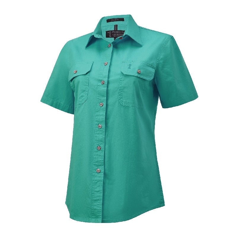 Pilbara RM600BTS Womens Open Front S/S Shirt - Jade - Front View