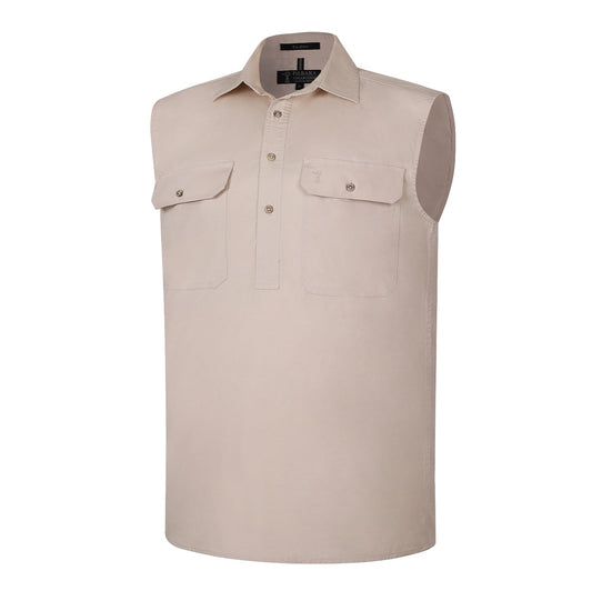 Beige workshirt Pilbara RM700CF Mens Closed Front Sleeveless Shirt