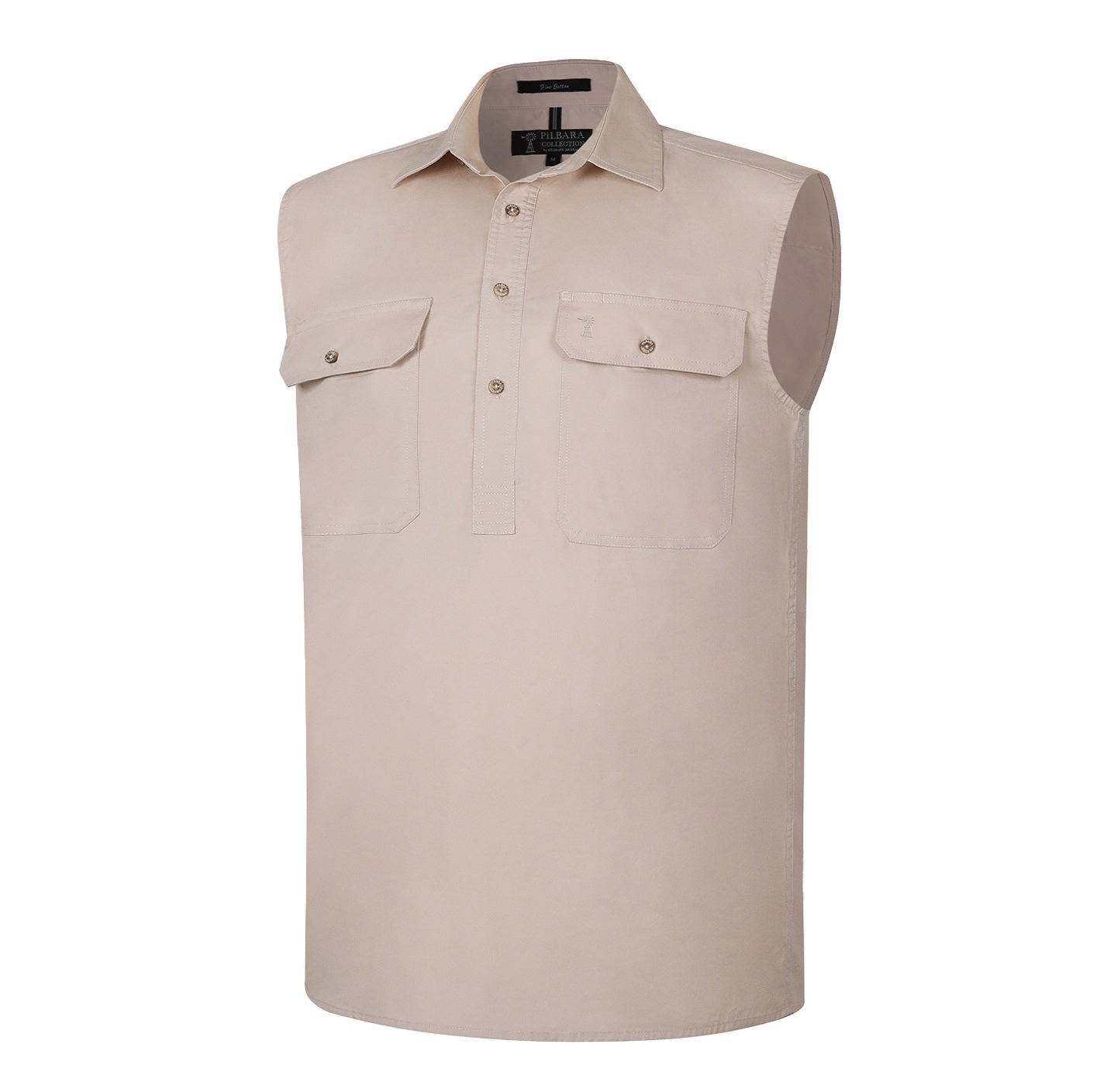 Pilbara RM700CF Mens Closed Front Sleeveless Shirt - Stone - Front View