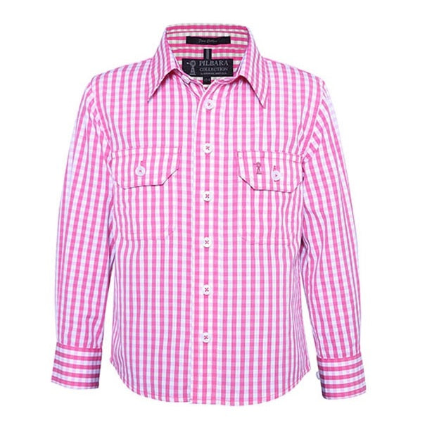 Pilbara RMPC001 Kids Long Sleeve Shirt - Pink/White - Front View