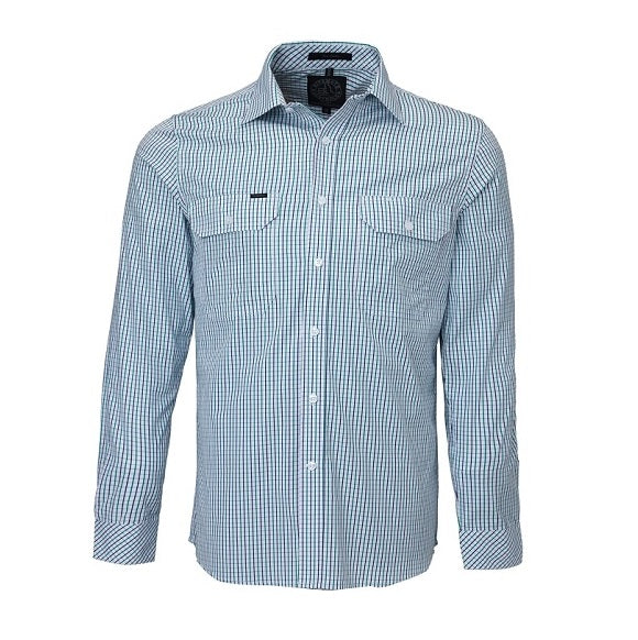 Pilbara RMPC011 Mens Long Sleeve Double Pocket Shirt - Emerald/Navy/White - Front View