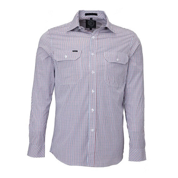 Pilbara RMPC011 Mens Long Sleeve Double Pocket Shirt - Red/Navy/White - Front View