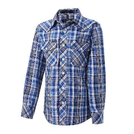Pilbara RMPW009 Western Mens Snap Button L/S Shirt - Blue/Black/White - Front View
