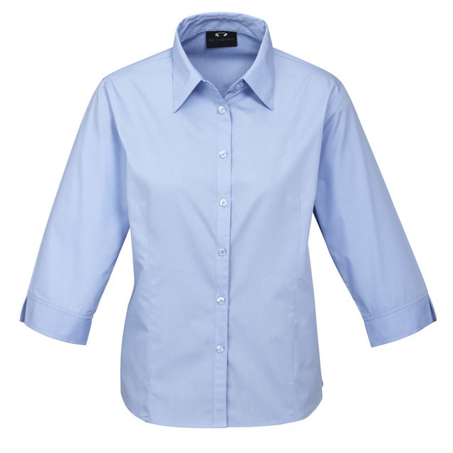 Womens blue button down semi fitted easy care Biz Collection S10521 Base Ladies 3/4 Shirt