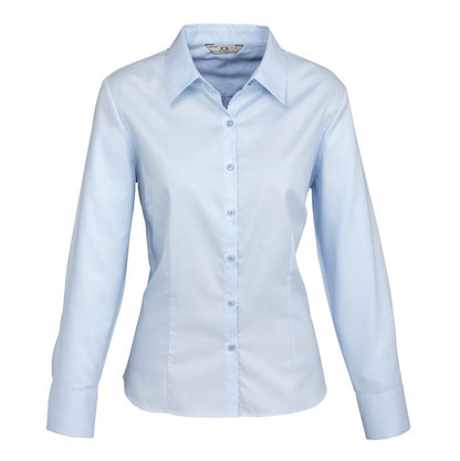 Womens light blue business corporate everday office tapered flattering Easy iron fabric Semi fitted fit Biz Collection S118LL Ladies Luxe Long Sleeve Shirt