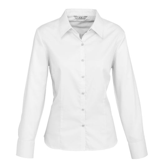 Womens white corporate shirt, office uniform, workwear, business uniform, premium cotton , mini herringbone shirt, wrinkle resistant, easy iron Biz Collection S118LL Ladies Luxe Long Sleeve Shirt