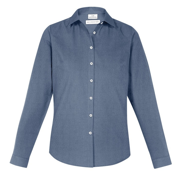 Womens grey smoked coloured box pleat back long shirt tail modern semi fitted fit durable everyday workplace Biz Collection S127LL Ladies Memphis Shirt