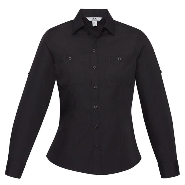 Womens Black semi fitted modern style curved hem professional Biz Collection S306LL Bondi Ladies Long Sleeve Shirt