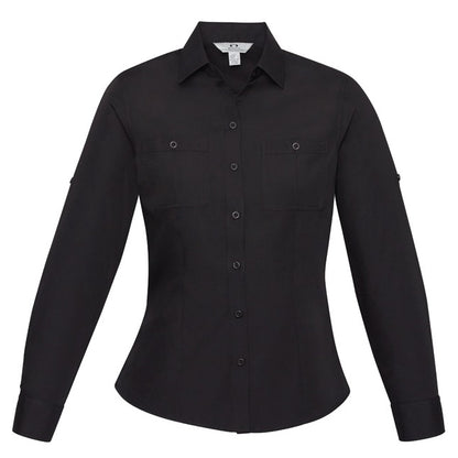 Womens Black semi fitted modern style curved hem professional Biz Collection S306LL Bondi Ladies Long Sleeve Shirt