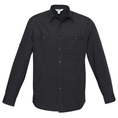 Mens black roll up sleeves twin pockets curved hem Biz Collection S306ML Bondi Mens Long Sleeve Shirt