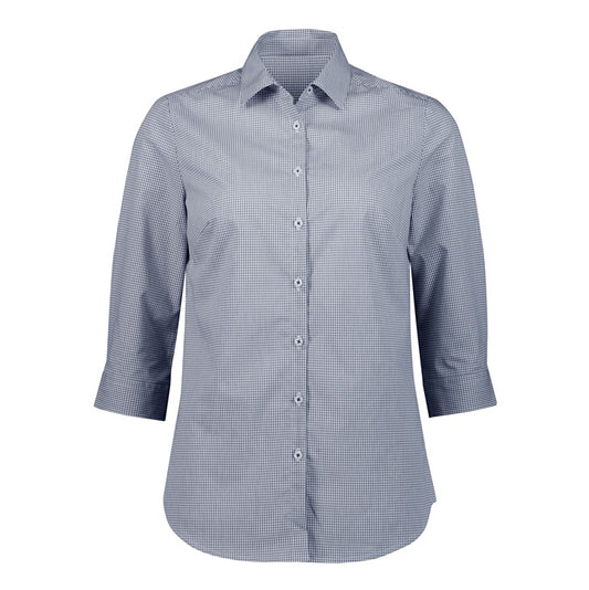 Navy and white check professional business Semi fitted shaped silhouette easy iron Biz Collection S338LT Women's Bristol 3/4 Sleeve Shirt