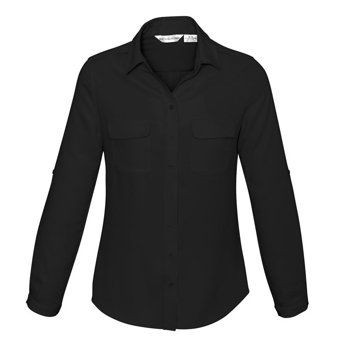 Womens Black stretch corporate long length curved hem semi fitted feminine Biz Collection S626LL Ladies Madison Shirt