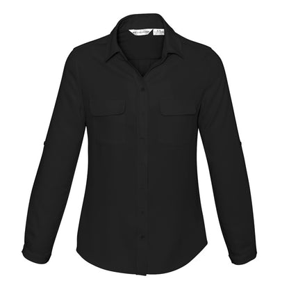 Womens Black stretch corporate long length curved hem semi fitted feminine Biz Collection S626LL Ladies Madison Shirt