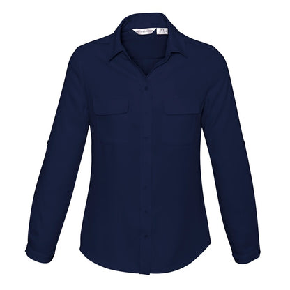 Womens navy coloured modern relaxed semi fitted business shirt button down easy care Biz Collection S626LL Ladies Madison Shirt