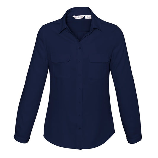 Womens navy coloured modern relaxed semi fitted business shirt button down easy care Biz Collection S626LL Ladies Madison Shirt