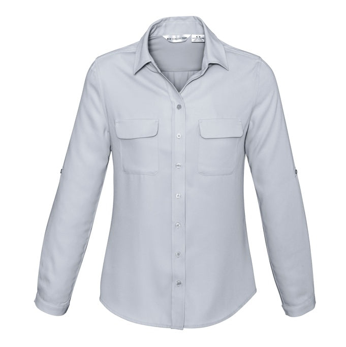 Womens silver grey front twin pockets roll up sleeves easy iron stretch comfort contemporary Biz Collection S626LL Ladies Madison Shirt