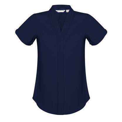 Navy blue breathable comfortable corporate professional shirt Biz Collection S628LS Madison Ladies Short Sleeve long length Blouse