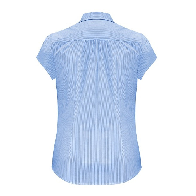 Womens Blue and white stripe modern semi fitted curved hem Biz Collection S812LS Euro Ladies Short Sleeve Shirt