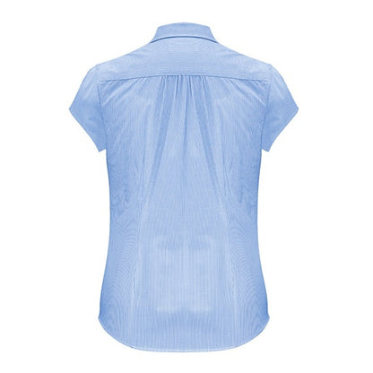 Womens Blue and white stripe modern semi fitted curved hem Biz Collection S812LS Euro Ladies Short Sleeve Shirt