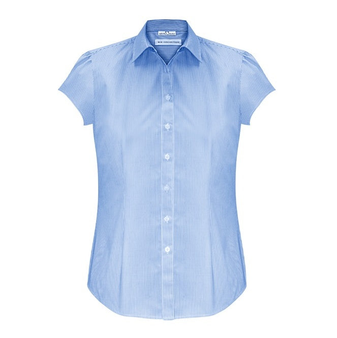 womens blue and white fine stripe shoulder gathering modern fit corportate professional button down Biz Collection S812LS Euro Ladies Short Sleeve Shirt