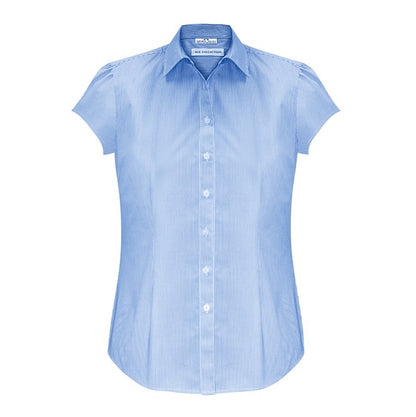 womens blue and white fine stripe shoulder gathering modern fit corportate professional button down Biz Collection S812LS Euro Ladies Short Sleeve Shirt