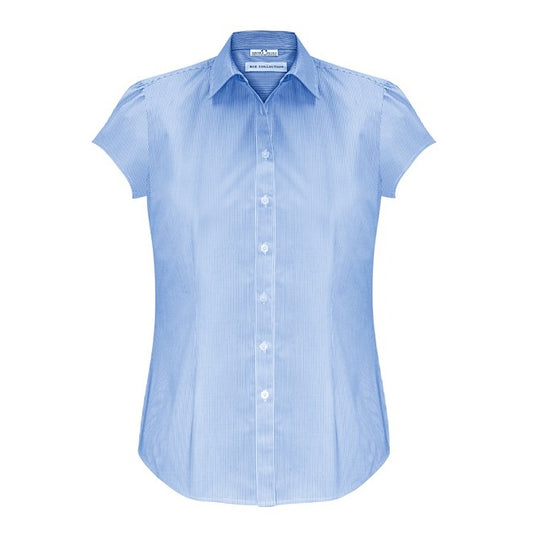 womens blue and white fine stripe shoulder gathering modern fit corportate professional button down Biz Collection S812LS Euro Ladies Short Sleeve Shirt