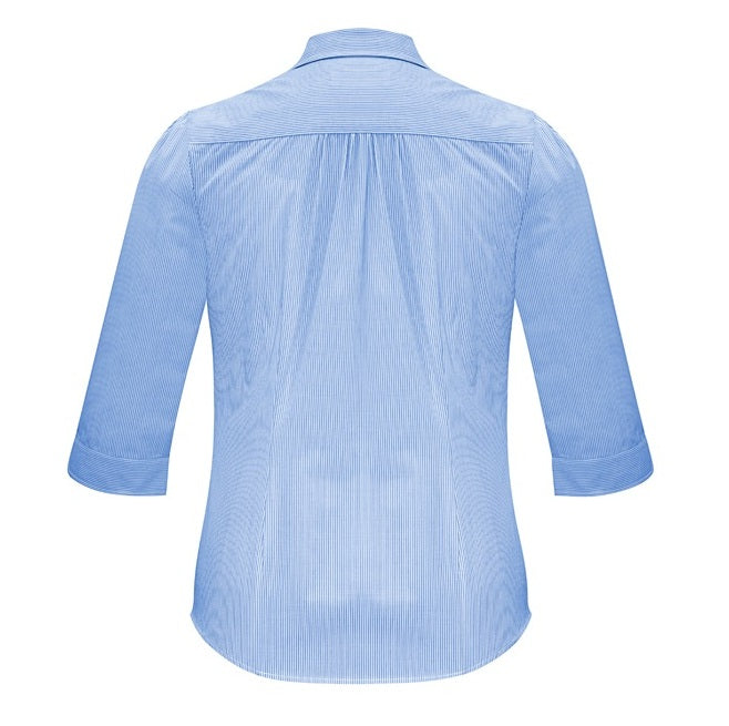 Womens blue and white corporate gathered shoulder modern fit Biz Collection S812LT Euro Ladies 3/4 Sleeve Shirt