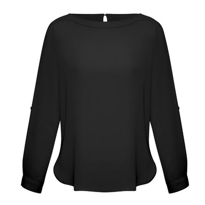 Womens black corporate everday roll up sleeve wrinkle resistant relaxed style Biz Collection S828LL Womens Madison Boatneck Top