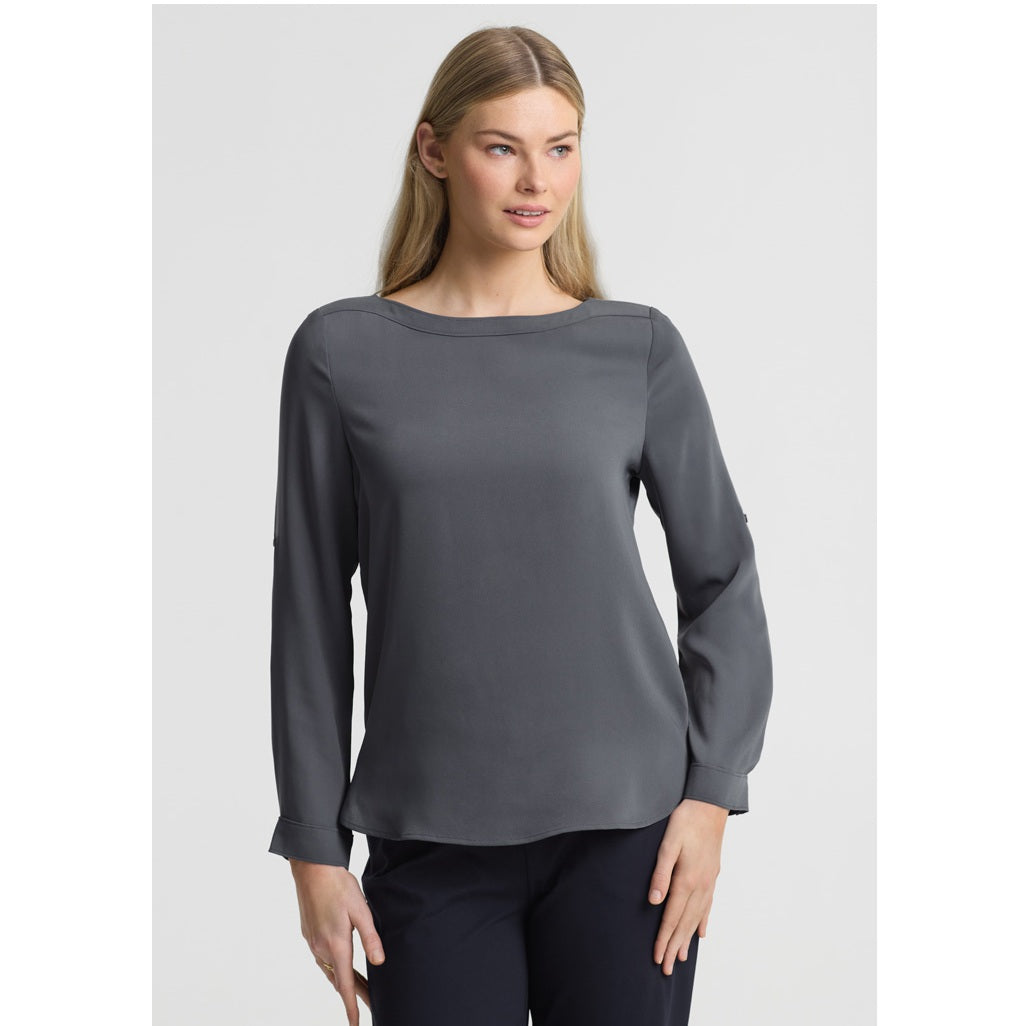 Womens charcoal wide neck long back roll up sleeves comfortable drape style workplace shirt Biz Collection S828LL Womens Madison Boatneck Top