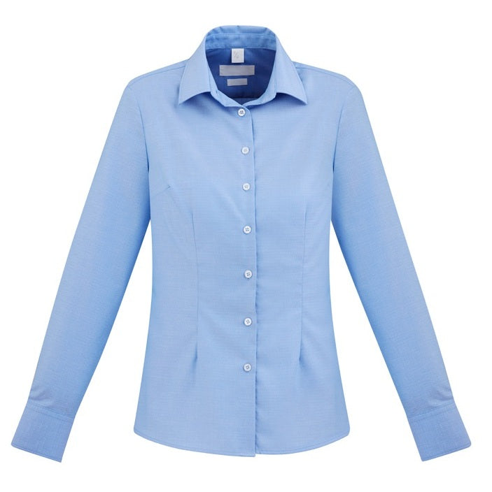 Womens light blue with pearlized buttons office workwear shirt with cuffs and darts womens sillouette fit easy care wrinkle resistant Biz Collection S912LL Regent Ladies Long Sleeve Shirt