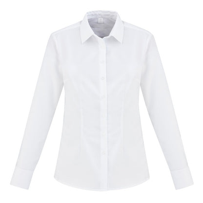 womens white premium cotton classic breathable fabric semi fitted easy iron corporate business shirt curved hem front darts modern fit Biz Collection S912LL Regent Ladies Long Sleeve Shirt