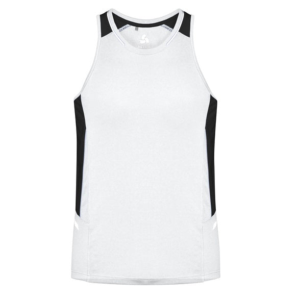 Womens white with black and reflective silver detail workout top lightweight ideal for any sports racer back Biz Collection SG702L Ladies Renegade Singlet