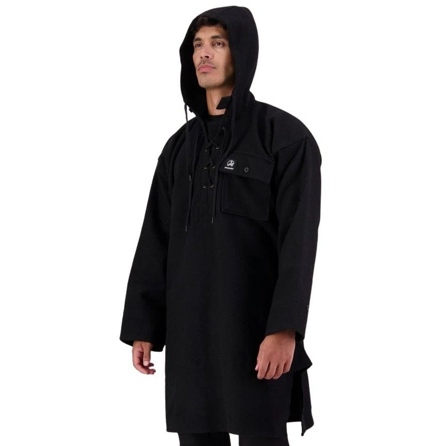 Person wearing a black raincoat on a white background