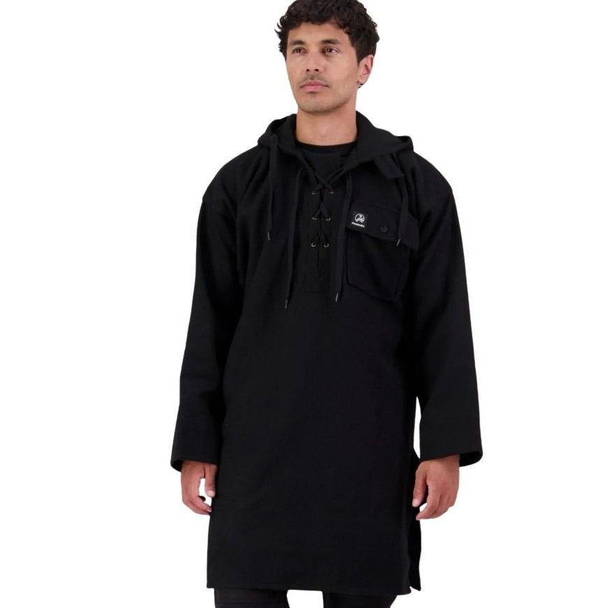 Man wearing a black coat with a brand logo on a white background