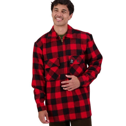 Man wearing a red and black checkered shirt on a white background
