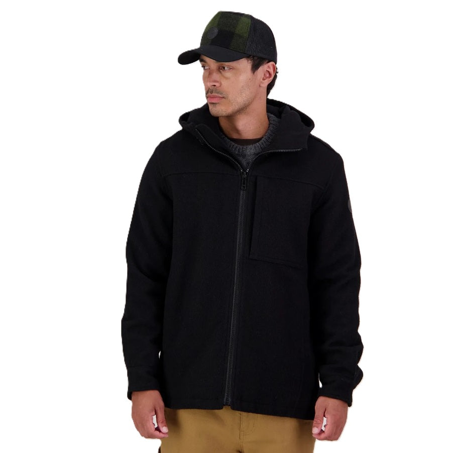 Man wearing a black jacket and cap on a white background