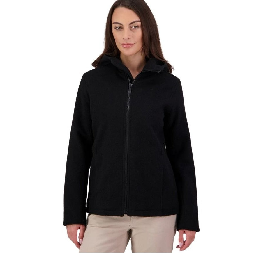 Woman wearing a black jacket on a white background
