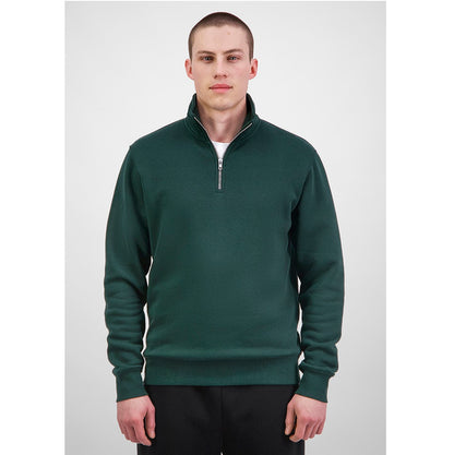 Man wearing a green quarter-zip sweatshirt on a white background