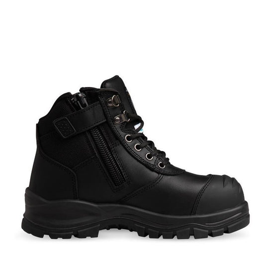 Womens black supportive heavy duty dependable protection, construction site, warehouse, heavy industry, composite safety boot, women's work boots, industrial safety footwear, heat resistant work boots, zip safety boots, leather safety boots, composite toe boots, slip resistant work boots, Australian safety boots, heavy duty work footwear